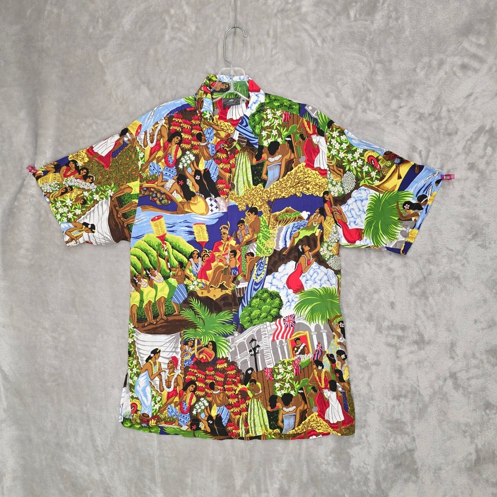 Iolani Hawaiian Shirt Men M Art Aloha Novelty Short Sleeve Retro Kamehameha Hula